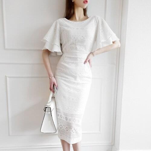 Elegant Summer Party Dress Women White Sexy Lace Dress High Waist Butterfly Sleeve Office Bodycorn Dress Knee-Length Korean B213