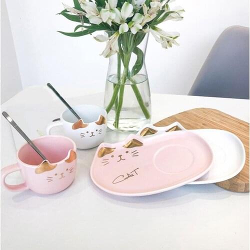 Ceramic Cute Cat Drinkware Cup Coffee Cup with Tray and Lid Spoon Breakfast Tableware Handgrip Animal Mugs Birthday Gift