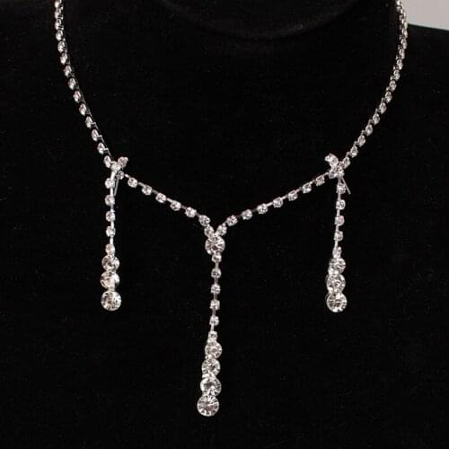 Hot Sale Simple Silver Color Crystal Bride Jewelry Set Fashion Rhinestone Necklace Earrings Wedding Jewelry Sets Cheap Price