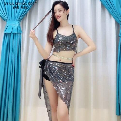 New Belly Dance Costume Sexy Top+Hip Scarf Elegant Mesh Bead Sequin Dress Oriental Dance Practice Performance Show Clothes Wear