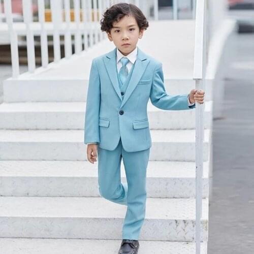 Boys Suits & Blazers Light Blue Wedding Boy Sits 3 Pieces(Jacket+Pant+Vest+BowTie) For Kids Custome Children’s Formal Classic