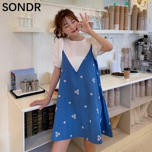 Summer Girl Casual Dress Sweet Cute One-Piece Ladies Midi Floral Dress Puff Sleeve Stitching Fake Two-Piece Dresses Women 2021