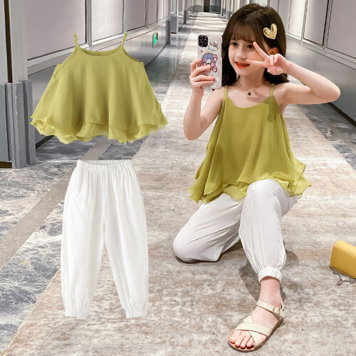New Girls Casual Summer Sets Child Fashion Two Piece Suit Childrens Clothing 12 Girl Clothes 8 Solid Color Sling Sets 9 Years