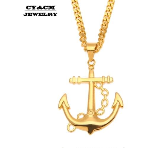 CY&CM Men Women Iced Out Hiphop Stainless Steel Necklace Gold Color Plated Titanium Anchor Pendant Jewelry Cuban Chain Necklace