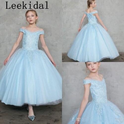 Princess Flower Girl Dresses Ball Gowns Off Shoulder Sleeveless Lace Appliqued Light Blue Lace up Girls Pageant Dress Custom