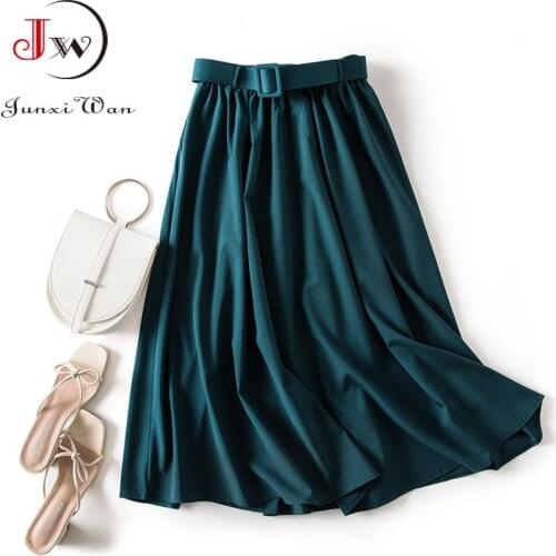 Casual Elegant Women Skirt 2021 Spring And Summer Solid High Waist Belt A-Line Vintage Office Party Long Skirt Faldas Jupe Femme