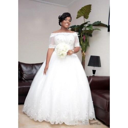 Plus Size Crystal Beads African Wedding Dresses Short Sleeves Off The Shoulder Bodice A Line Ball Gown Ivory White Bridal Dress