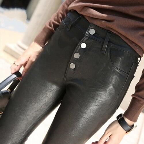 Luxury Women Button Fly Skinny Sheepskin Natural Leather Pants Zipper Stretchy Real Leather Trousers Push Up Female Pencil Pants