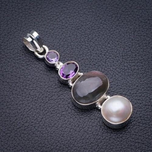 StarGems Natural Blue Fire Labradorite,River Pearl And Amethyst Handmade 925 Sterling Silver Pendant 2" D5324