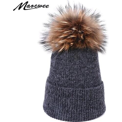 Natural Raccoon Fur Pompon Hat Thick Winter For Women Cap Beanie Hats Knitted Cashmere Wool Warm Caps Female Skullies Beanies