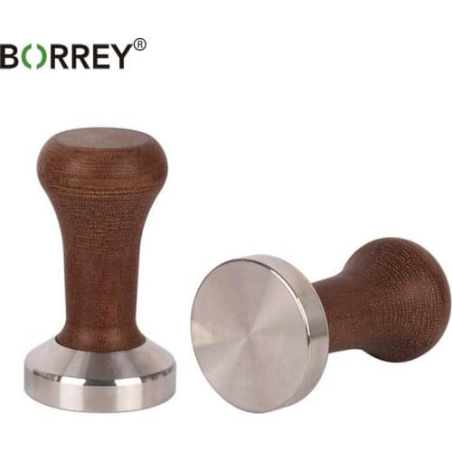 BORREY Stainless Steel Espresso Tamper 51mm 58mm Coffee Tamper Wood Handle Pressure Flat Professional Barista Tamper Coffee Tool