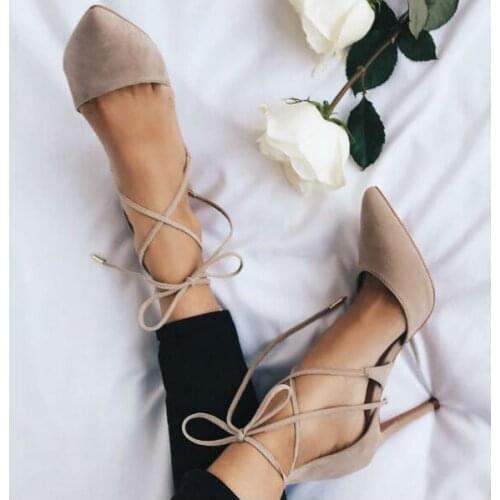 Carpaton Pointed Toe High Heel Shoes Woman 2019 Sexy Lace-up Cutouts Pumps Shallow Mouth Thin Heels Dress Shoe Nude Pink yellow