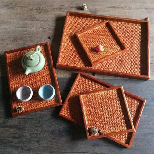 Japanese pure handmade rattan bamboo cup tea tray European rectangular saucer fruit dish plate household wooden pallet tableware