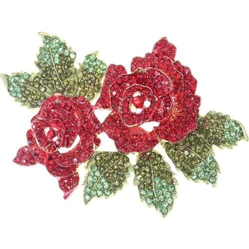 Jewelry Rhinestone 70mm Red Wedding Rose Flower Green Leaf Brooch Pin For Gift