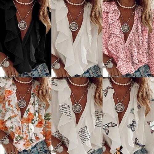 Sexy Floral Printing Women Shirts Long Sleeve Single-breasted Casual Tops V-neck Ruffled All-match Outfits Streetwear 6 Colors
