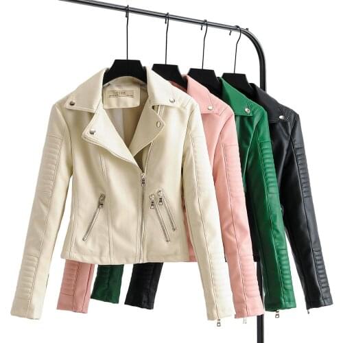 Women Autumn Pu Faux Soft Leather Motorcycle Zipper Jacket Coat Female Turndown Collar Slim Biker Coats Basic Streetwear Beige