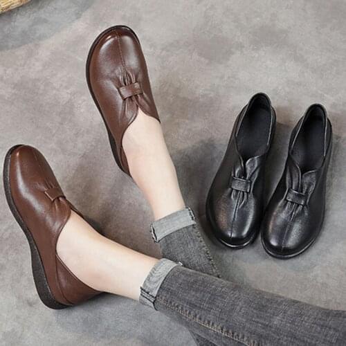 100% Genuine Leather Shoes Women Flats Soft Cow Leather Women Casual Shoes Brand Ladies Flat Footwear Black Brown YX3887