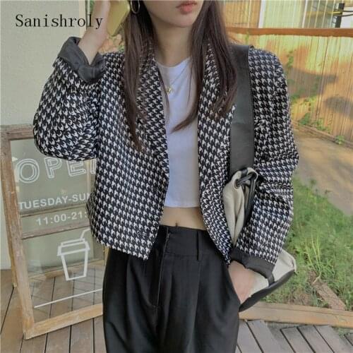 Sanishroly Women Houndstooth Blazer Jacket Work Office Lady Notched Collar Casual Plaid Suit Coat Street Style Female Short Tops