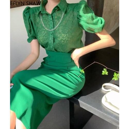 Office Lady Suits Elegant Women Sweet Puff Sleeve Shirt and Midi Skirt Sets Summer Retro Elegant Lace Blouse + Bodycon Skirt