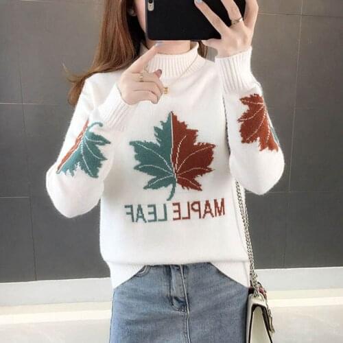 Woman Autumn Leaf Letter Turtleneck Knitted Pullover Sweater Tops 2020 Fall European Style Printed Oversize Jacquard Knitwear