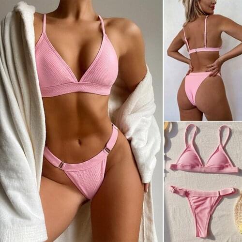 Womens Split Swimsuit Solid Color Bikini Set Pink