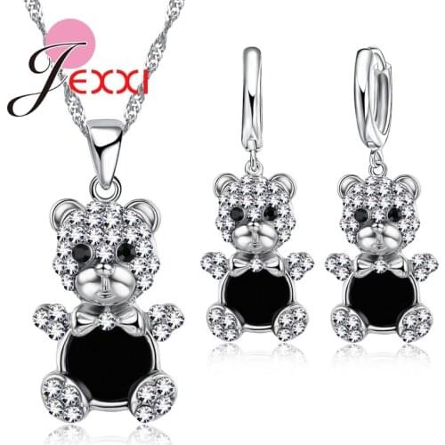 Fashion Birthday Jewelry Set Bear 925 Sterling Silver Rhinestone Crystal Pendant Necklace Earrings Jewelry Sets For Women