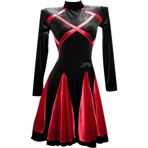 Latin dance dress women long-sleeved velvet stitching big swing skirt Jitterba dance practice Costumes