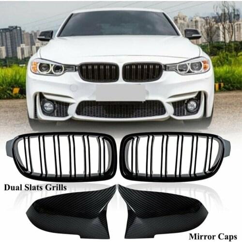 Car Kidney Grill + Carbon Fiber Mirror Caps Covers For-BMW F30 Sedan 320I 328I 2012-2018