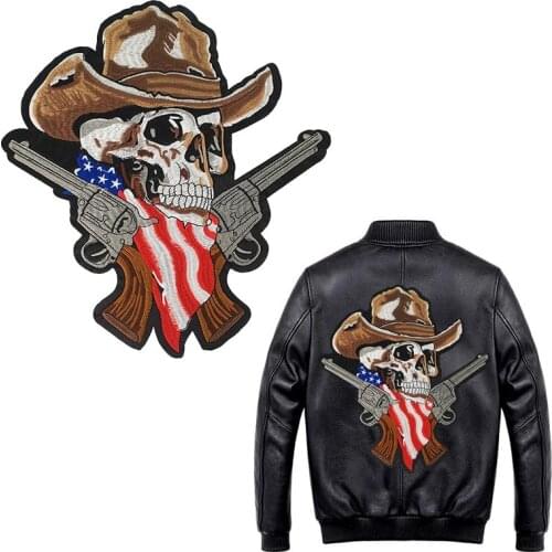 Double Gun Skull Biker patch for Jacket Support, Punk Motorcycle Embroidery skeleton biker badge, Skull patch Apparel Accessorie