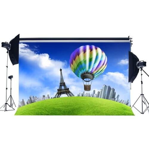 Eiffel Tower Backdrop Hot Air Balloon Skyscraper Blue Sky White Cloud Green Grass Meadow Spring Background