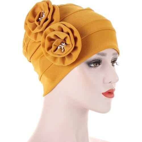 Indian Turban Hat Double Outer Flower Muslim Solid Color Pleated Wholesale Muslim Dress Hijab Cap Hair Accessories
