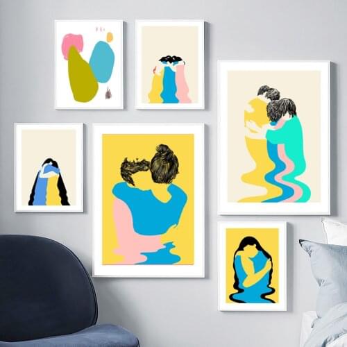 Long Hair Girl Love Hug Color Block Curve Wall Art Canvas Painting Nordic Posters And Prints Wall Pictures For Living Room Decor