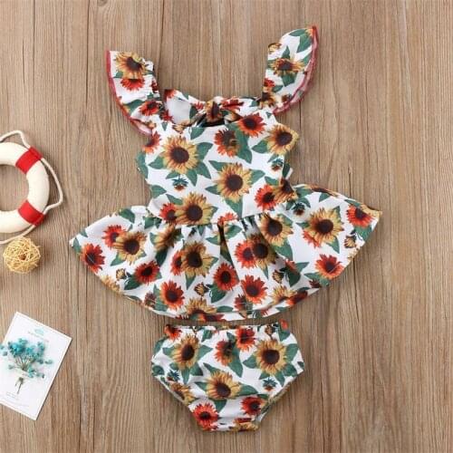 2pcs Newborn Kids Baby Girls Outfits Clothes Sunflower Top Dress Bottoms Set Baby Fly Sleeve Print Bow Back Dresses Clothing