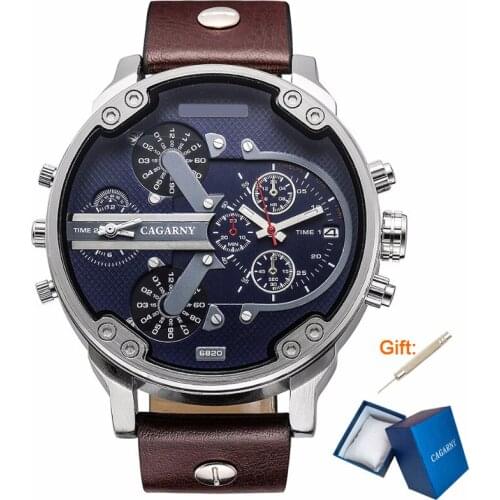CAGARNY 50mm Big Watch Men Top Brand Luxury Quartz Watch Men Leather Watches Dual Dial Analog Calendar Military Male Wristwatch