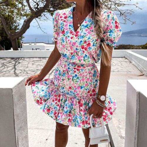 Summer Cascading Ruffle Flower Print Dress Women Bohemian V Neck Floral Sundress Lady A Line Dress Holiday Party Vestidos 2021