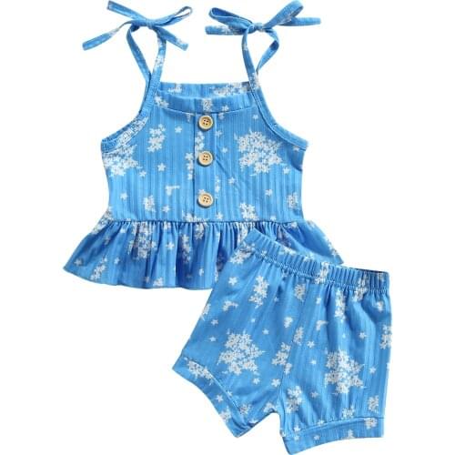2Pcs Toddler Summer Outfit Girls Floral Tied Spaghetti Strap Tank Tops + Elastic Waist Shorts, 6 Months to 4 Years