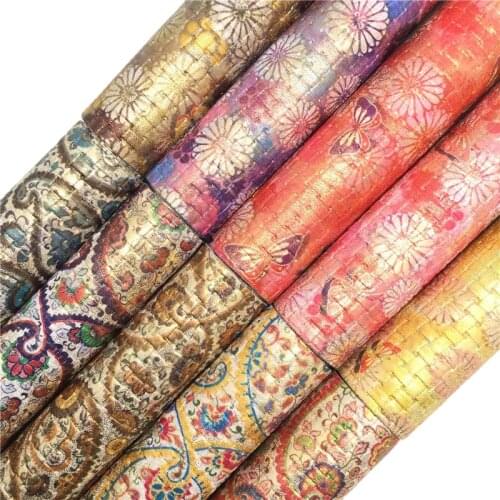 Metallic Flowers Butterflies Printed Synthetic Faux leather Vinyl Fabric Sheets Felt Backing Leather For Bow DIY FZ157