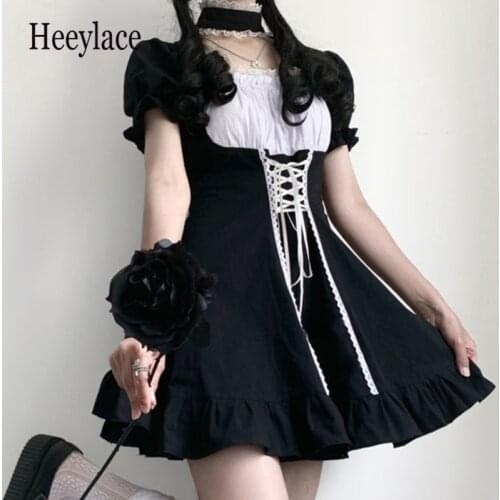 Japanese Soft Sister Cute Lolita Dress Women Victorian Gothic Puff Sleeve Slim Dress Party Retro Dark Girls Bandage Maid Dresses