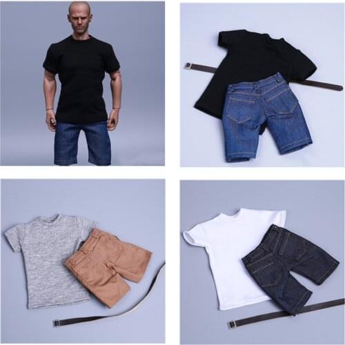 1/6 Soldier Accessories Male Short Sleeve T-shirt & Jeans Pants Set Clothes with Belt for 12inch Male Soldier Action Figure Body