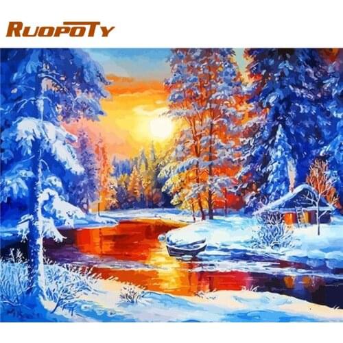 RUOPOTY 60x75cm Frame DIY Painting By Number Snow Landscape Wall Art Picture By Numbers Acrylic Paint On Canvas Home Decors