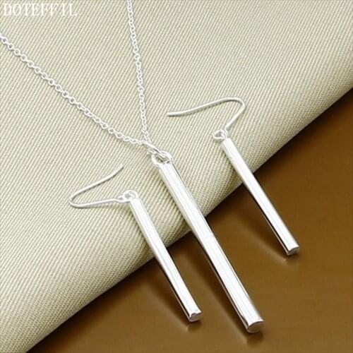 DOTEFFIL 925 Sterling Silver 18 inch Chain Round Pillar Necklace Earring Set For Women Wedding Engagement Party Jewelry