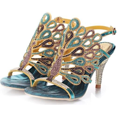 2019 New Blue Bohemian Large Size Peacock Pattern Stiletto Sandals Rhinestone Sandals Open Toe High Heels 8CM