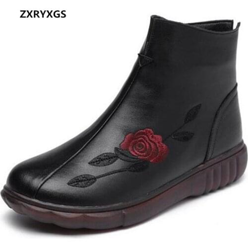 New Classic Embroidery Top Soft Cowhide Leather Boots Flat Heel Soft Sole Comfortable Shoes Woman Warm Boots Plus Size Mom Boots