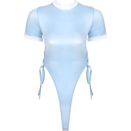 Lingerie See-through Bodycon Bodysuit Womens Sexy Nightwear Sleepwear Mock Neck Short Sleeve Lace-up Erotic Lingerie Sex Costume