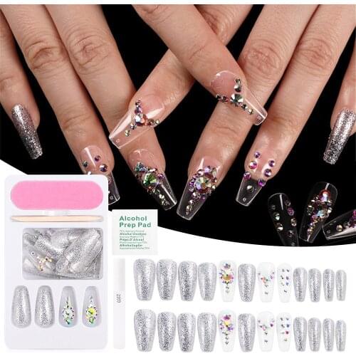24 pcs Nails silver For Finger Nail High Quality with rhinestone False Nail artificial nails with glue