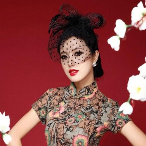 Womens Retro Wave Point Mesh Veil Hat Fluffy Feather Solid Color Alligator Hair Clip Half Face Cover Bowknot Fascinator Cap C1FE