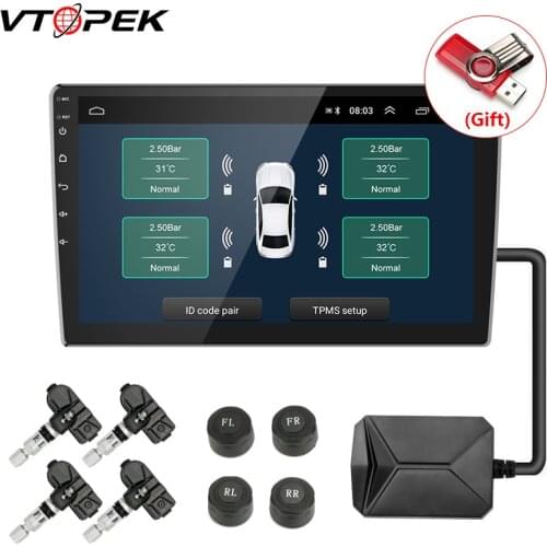 Vtopek USB TPMS Car Tire Pressure Alarm Monitor System for Car Android Navigation Player with 4 Sensors 5V Wireless Transmission