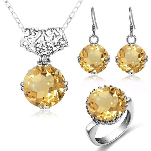 Szjinao 925 Silver Jewelry Set for Women Sparkling Yellow Crystals Pendant Earrings Ring Set Luxury Fine Jewellery Wedding Gifts