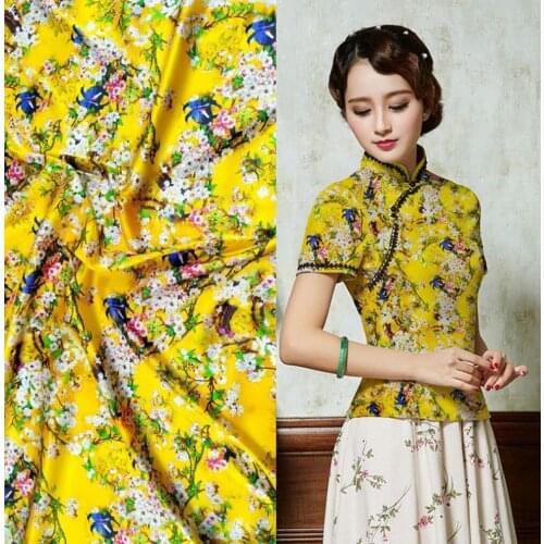 2019 Stoffen kleding naaien 3d Yellow flowers printed tkaniny stretch natural silk fabric material dress fabric tecidos a metr