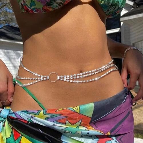 Personality Rhinestone Tennis Chain Waist Chain For Women Body Jewelry Summer Sexy Belly Button Bikini Beach Party Accessories